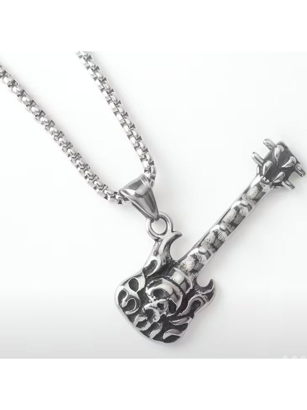 Flaming Guitar with Skull Rocker Necklace and Pendant 1558